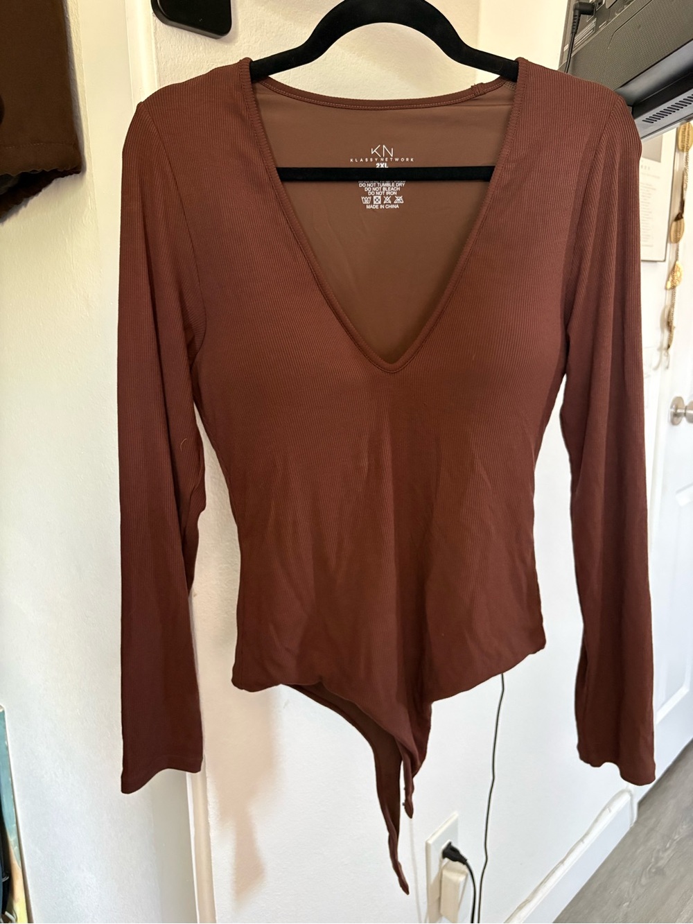 Klassy Network -  Women's Long Sleeve V-Neck Brown Bodysuit - Size 2XL